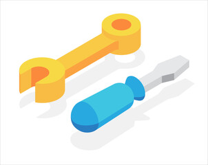 Repair tools, screwdriver and wrench. Flat, 3d, vector, isometric, cartoon style illustration isolated on white background