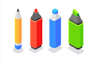 Pencil and set of colorful markers. Flat, 3d, vector, isometric, cartoon style illustration isolated on white background