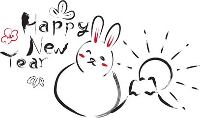 HappyNewYear　雪だるま兎　日の出と富士山