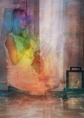 Energy field and aura visualization. Meditation concept. Double exposure image