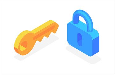 Key and lock. Privacy and security. Flat 3d vector isometric illustration isolated on white background