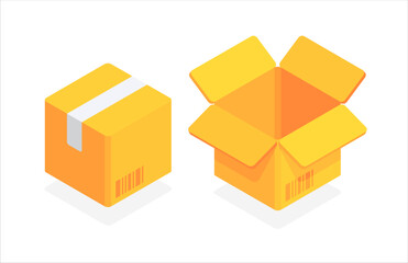 Carton delivery packaging open and closed box with barcode. Cardboard box. Flat 3d vector isometric illustration isolated on white background