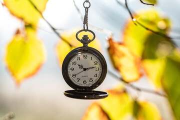 zegarek kieszonkowy na rozmytym tle jesiennych liści