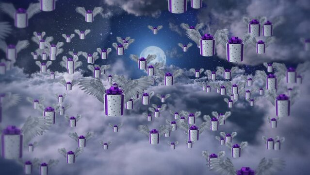  Angel Winged Gift Boxes. Gift Boxes Flying Above the Clouds. Cinematic 3D Animation. 03.