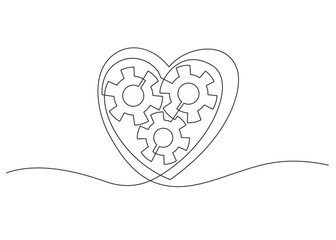 Continuous line drawing of heart with three gear inside. Mechanical silhouette of human heart. 
Vector illustration.