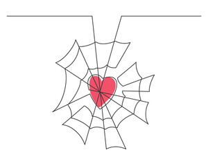 Continuous line drawing of spider web with heart. Vector illustration.