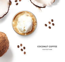  Creative layout made of coconut coffee. Flat lay. Food concept.