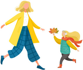 Joyful daughter brings her mother bouquet of leaves. Family walk in park in autumn season. Woman meets girl on street. Happy Family walking outside in garden together, playing, throwing leaves