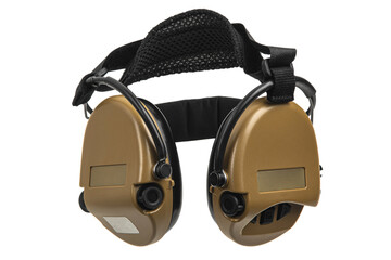 Protective headphones on white background. Safety equipment. Headphones for noise reduction.