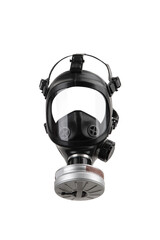 Modern black gas mask with a large transparent plastic visor. Protection against poisonous substances in the air. Isolate on a white back.