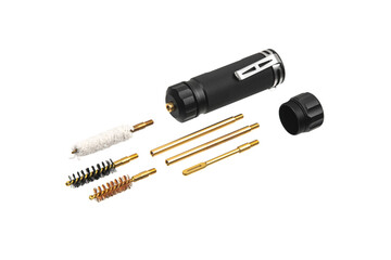 A set for cleaning weapons in a black metal case. Weapon care tools. Isolate on a white back.