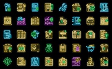 Building subsidy icons set outline vector. Finance public. Aid budget neon color on black