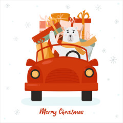 Christmas card with red car, polar bear and gifts. Beautiful vector illustration. Design for greeting card, poster, website