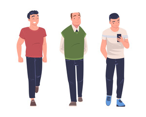 Fototapeta premium Walking Man Character Strolling in the Street and Smiling Vector Set