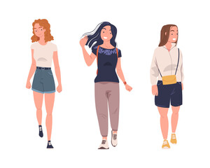 Fototapeta premium Walking Woman Character Strolling in the Street and Smiling Vector Set