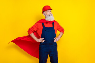 Photo of confident cool old guy dressed uniform overall red hardhat mantle ready help empty space...