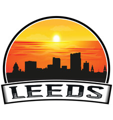 Leeds England Skyline Sunset Travel Souvenir Sticker Logo Badge Stamp Emblem Coat of Arms Vector Illustration EPS