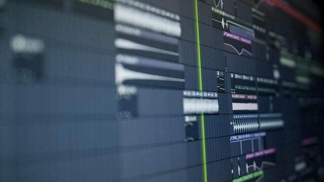 Music sequencer - playhead moves along the music track. The process of creating music on a computer, screen