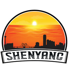 Shenyang China Skyline Sunset Travel Souvenir Sticker Logo Badge Stamp Emblem Coat of Arms Vector Illustration EPS