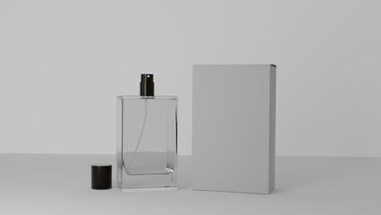 Mock up of realistic glass perfume bottle and white box isolated on white background. Cosmetic concept. 3D render