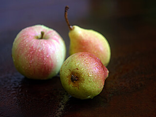 two pears and an apple with water drops on a dark wooden background, ripe fruit with drops, after rain, close-up,
