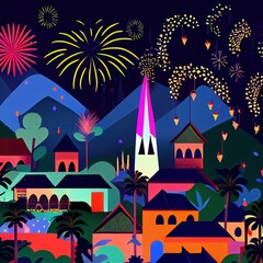 Obraz premium New year's fireworks, city landscape generated with Artificial Intelligence