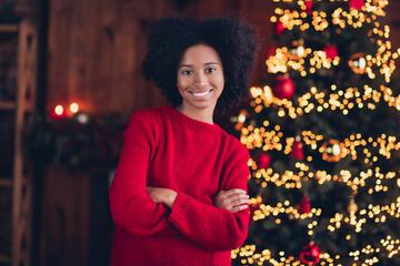 Portrait of adorable positive small girl toothy smile crossed hands x-mas tree garland newyear miracle house indoors