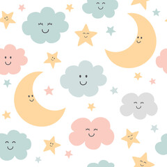 Seamless pattern with cute moon, clouds and stars. Background for babies. Vector illustration.
