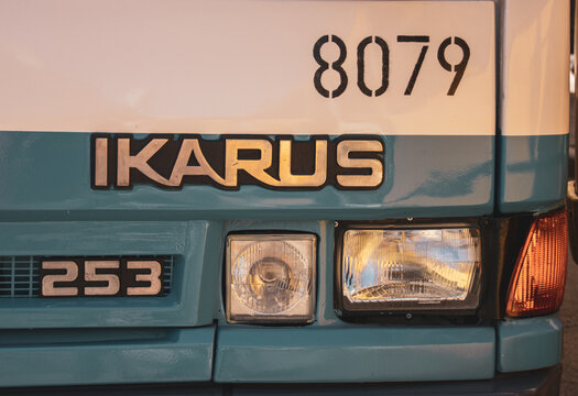 Saint Petersburg, Russia - May 21, 2022: Logo on the old Ikarus bus. Ikarus was a bus manufacturer based in Budapest, Hungary