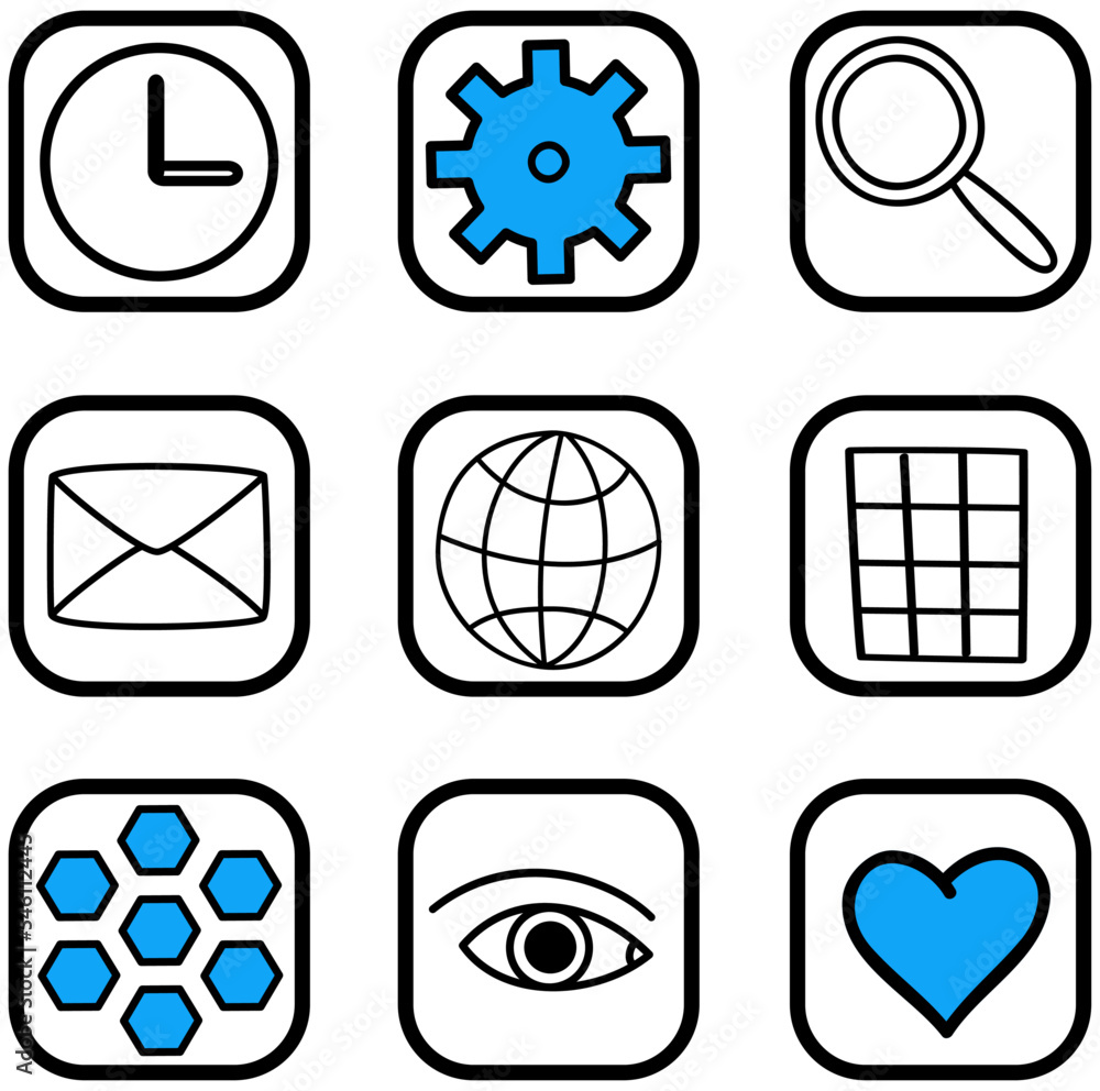 Poster application buttons with signs isolated on white. arrangement of program shortcuts. computer or smar