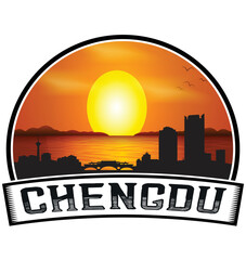 Chengdu China Skyline Sunset Travel Souvenir Sticker Logo Badge Stamp Emblem Coat of Arms Vector Illustration EPS