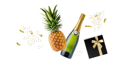 Fresh pineapple fruit and champagne bottle with water drops flying isolated on white background. Birthday or New Year celebration