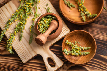 Verbascum nigrum, black mullein or dark mullein in Mortars and pestles in pharmacies to crush ingredients prior to preparing an extemporaneous prescription