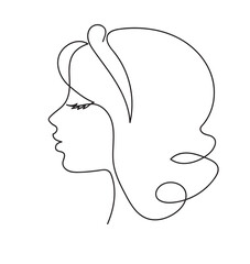 Woman profile with long hair. Portrait female beauty concept. Continuous line drawing vector illustration