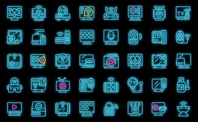 Smart TV box icons set outline vector. Remote cable. Controller device neon color on black