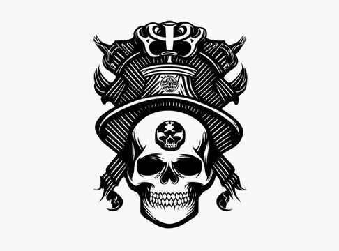 Pirate skull in pirate hat, sketch vector illustration, Vintage skull for t-shirt or poster design. Stylish jolly roger icon illustration.