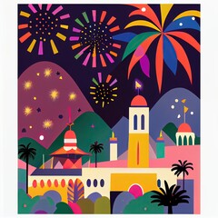 Fototapeta premium New year's fireworks, city landscape generated with Artificial Intelligence