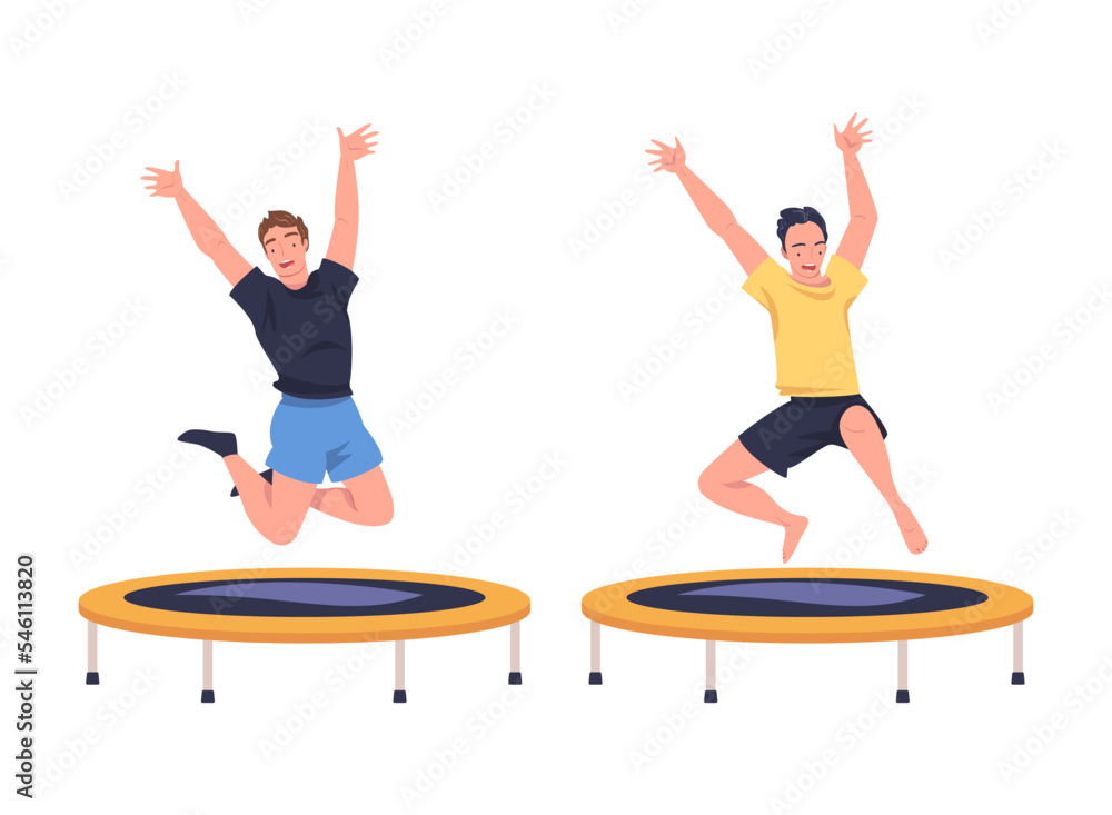 Poster excited man character jumping and bouncing on trampoline engaged in recreational activity vector set