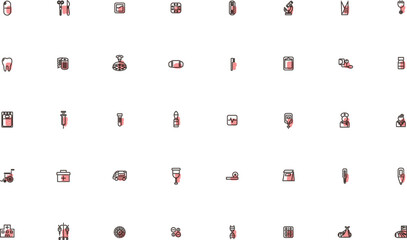 ミニ医療のイラストアイコンセット アウトライン赤