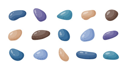 Pebble stones collection. Different beach pebbles shape set. Various forms of smooth rocks. Sea or river pebbles. Spa or garden stones. Vector cartoon
