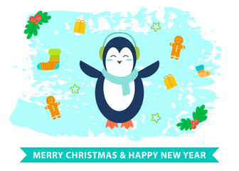 Fototapeta premium Handwritten winter season inscription. Congratulation text, creative style of wish card. Happy new year, merry christmas lettering, decorated greeting. Cute penguin on background of winter symbols