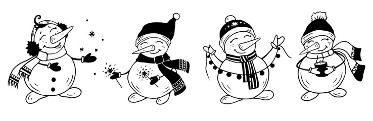 Set of funny doodle snowmen.Cute Christmas characters.Vector graphics.