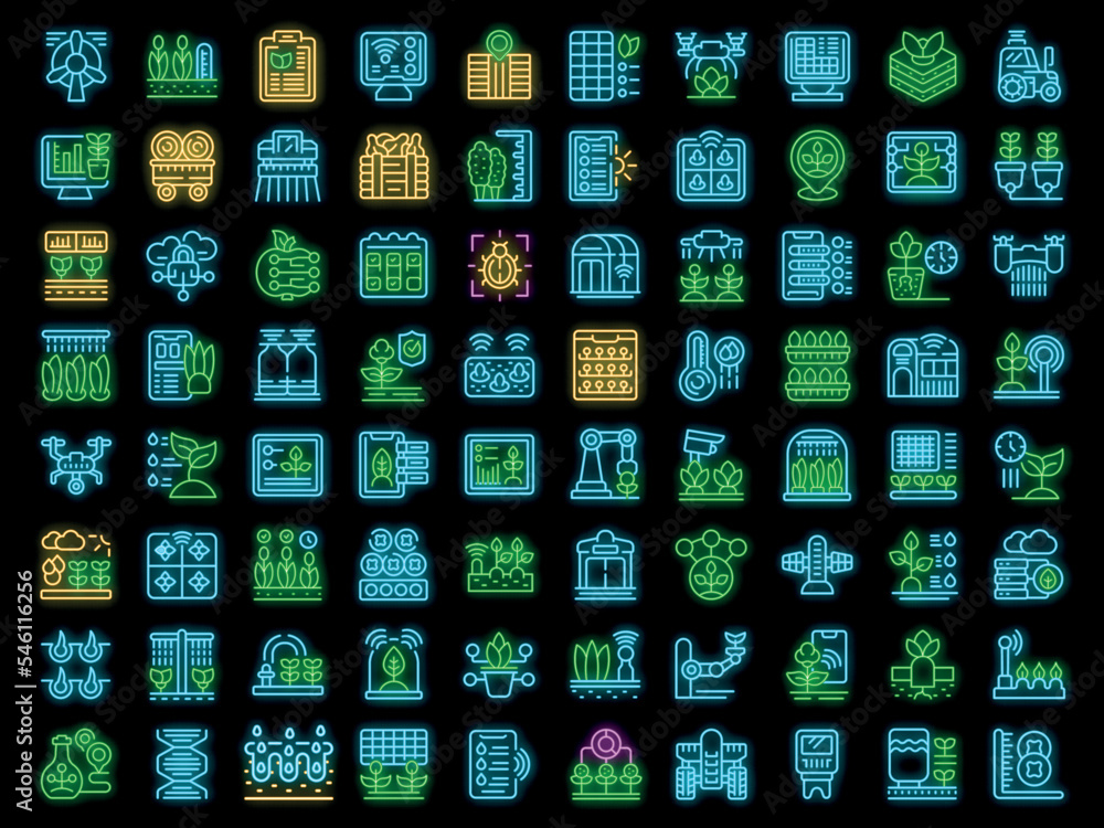 Poster automated farming icons set outline vector. modern drone. drone farming neon color on black
