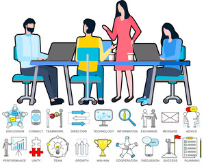 Business collaboration icons set. Business people sitting together at table in meeting chatting. Graphic symbol teamwork, success, performance, growth, unity, direction, planning, message, information