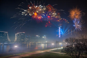Beautiful fireworks during New Year celebration above Belgrade