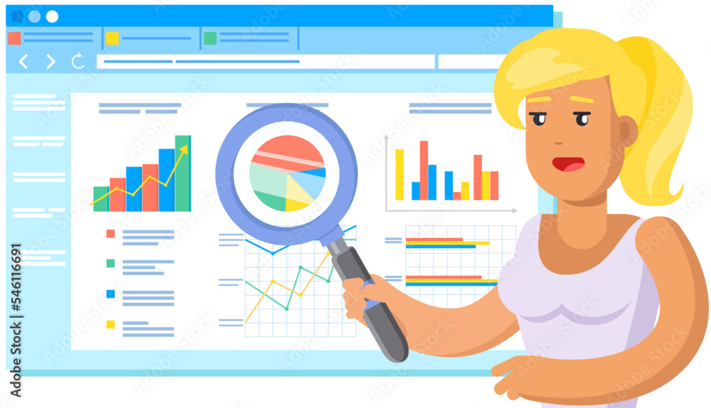 Poster data analytics information and development statistics. woman with loupe analyses bar chart seo optim
