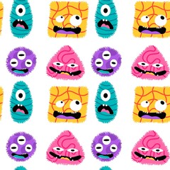 Fototapeta premium Cartoon doodle monsters seamless aliens and animals pattern for wrapping paper and fabrics and kids clothes