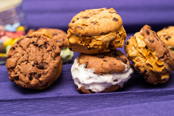 Chocolate chip ice cream cookie sandwiches with vanilla, chocolate and pistachios