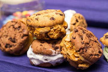 Chocolate chip ice cream cookie sandwiches with vanilla, chocolate and pistachios