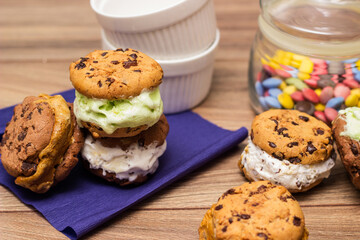 Chocolate chip ice cream cookie sandwiches with vanilla, chocolate and pistachios